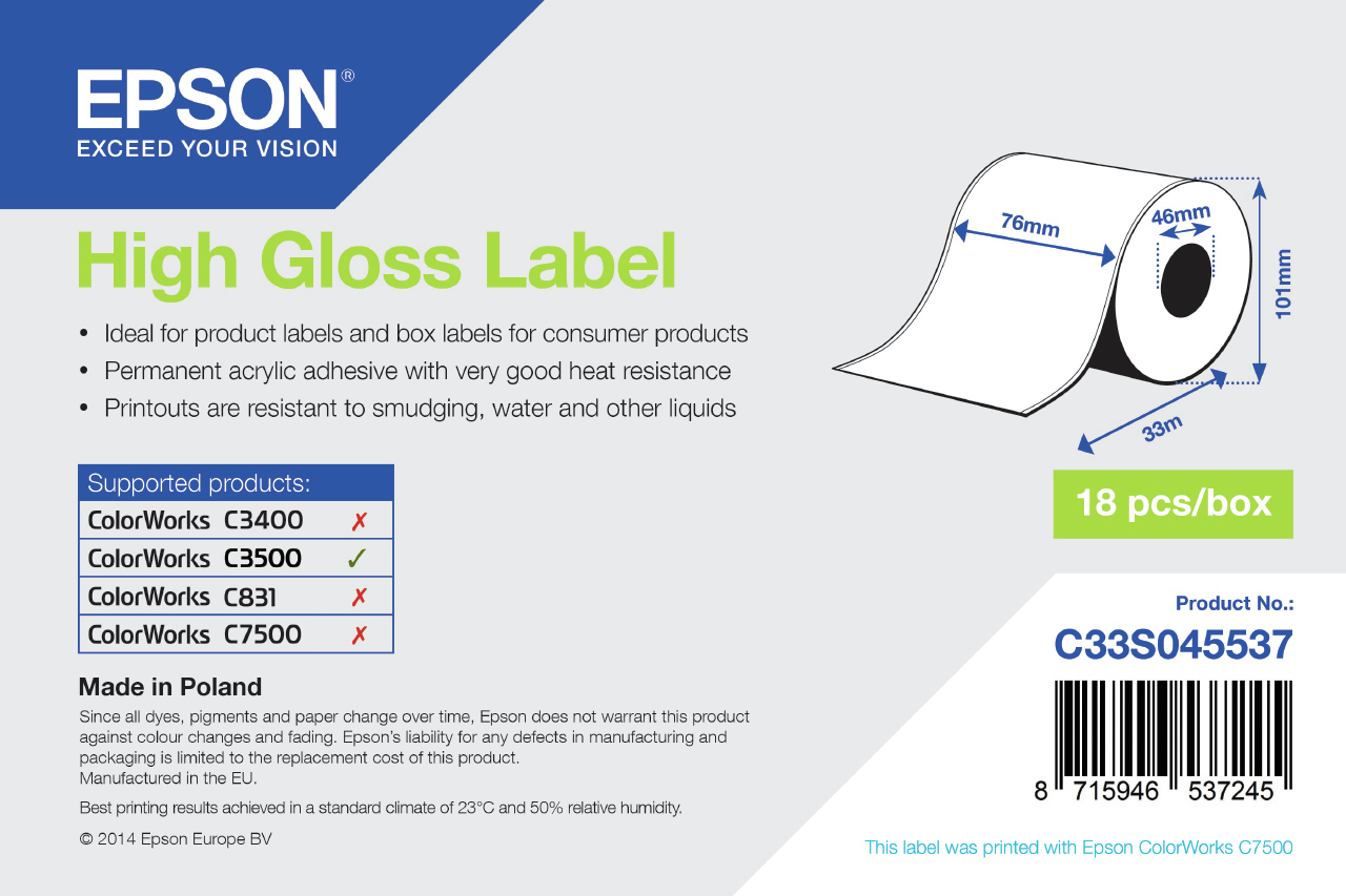 Epson Hochglänzend - Rolle (7,6 cm x 33 m) 1 Rolle(n) Etiketten - für ColorWorks CW-C4000E (BK)