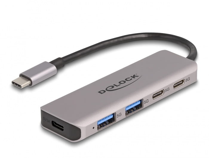 Delock USB 5 Gbps 2 Port USB Type-C und 2 Port Typ-A Hub mit USB Type-C Anschluss, USB 3.2 Gen 1 (3.1 Gen 1) Type-C, USB 3.2 Gen 1 (3.1 Gen 1) Type-A, USB 3.2 Gen 1 (3.1 Gen 1) Type-C, 5000 Mbit/s, Grau, Metall, Rundkabel