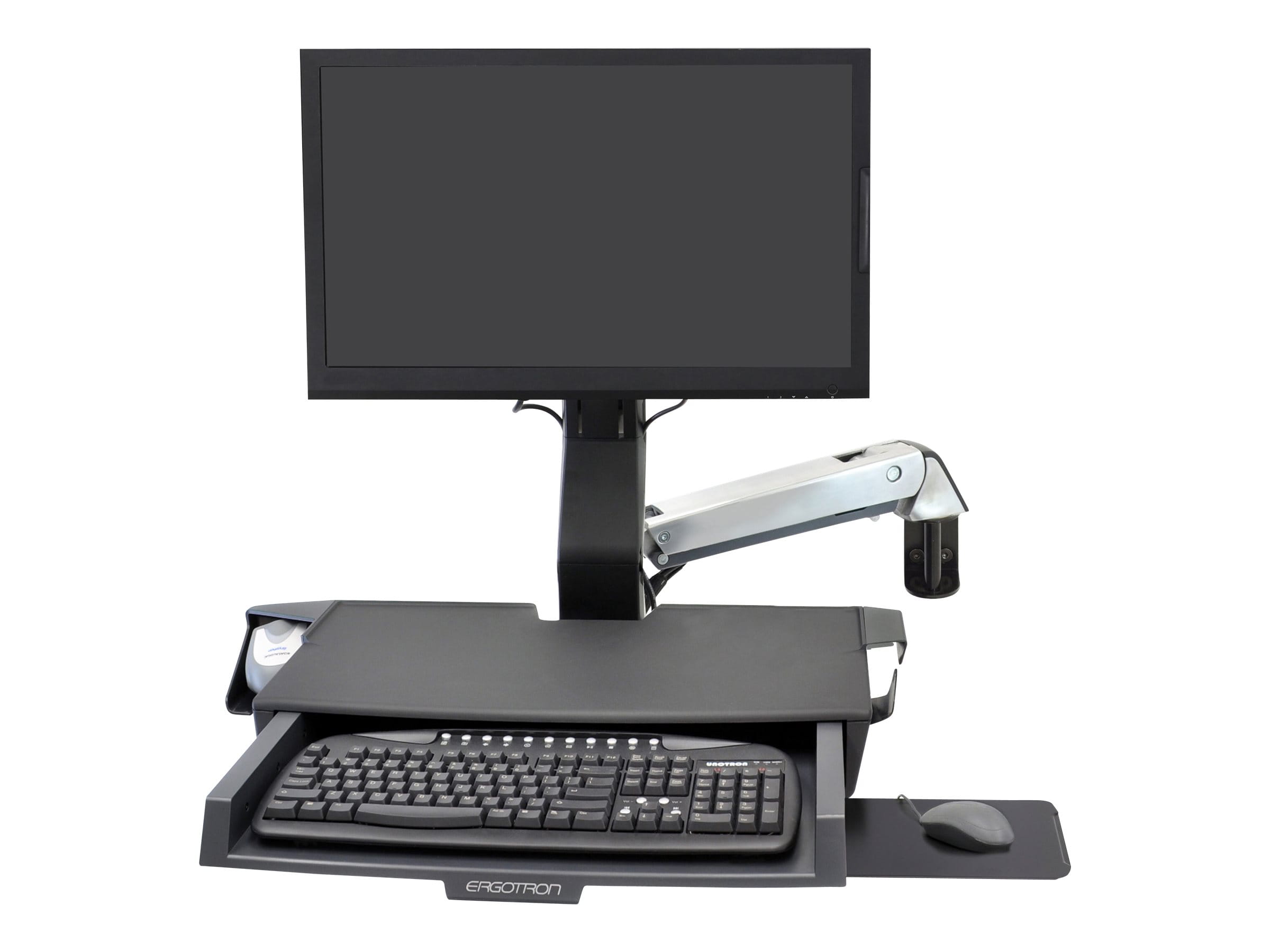 Ergotron Sit-Stand Combo Arm - Befestigungskit (Handgelenkkissen, Wandmontagehalterung, Display-Halterung, Schienenmontage Halterungsset, Mausablage zum Herausziehen, Combo Schwenkarm, Arbeitsfläche mit Tastaturablage, Scanner- und Maushalter)