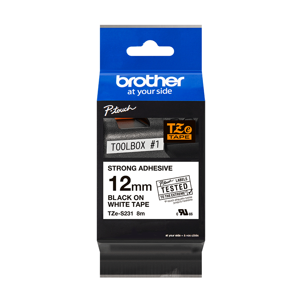 Brother TZe-S231 - Extra starker Klebstoff - Schwarz auf Weiß - Rolle (1,2 cm x 8 m)