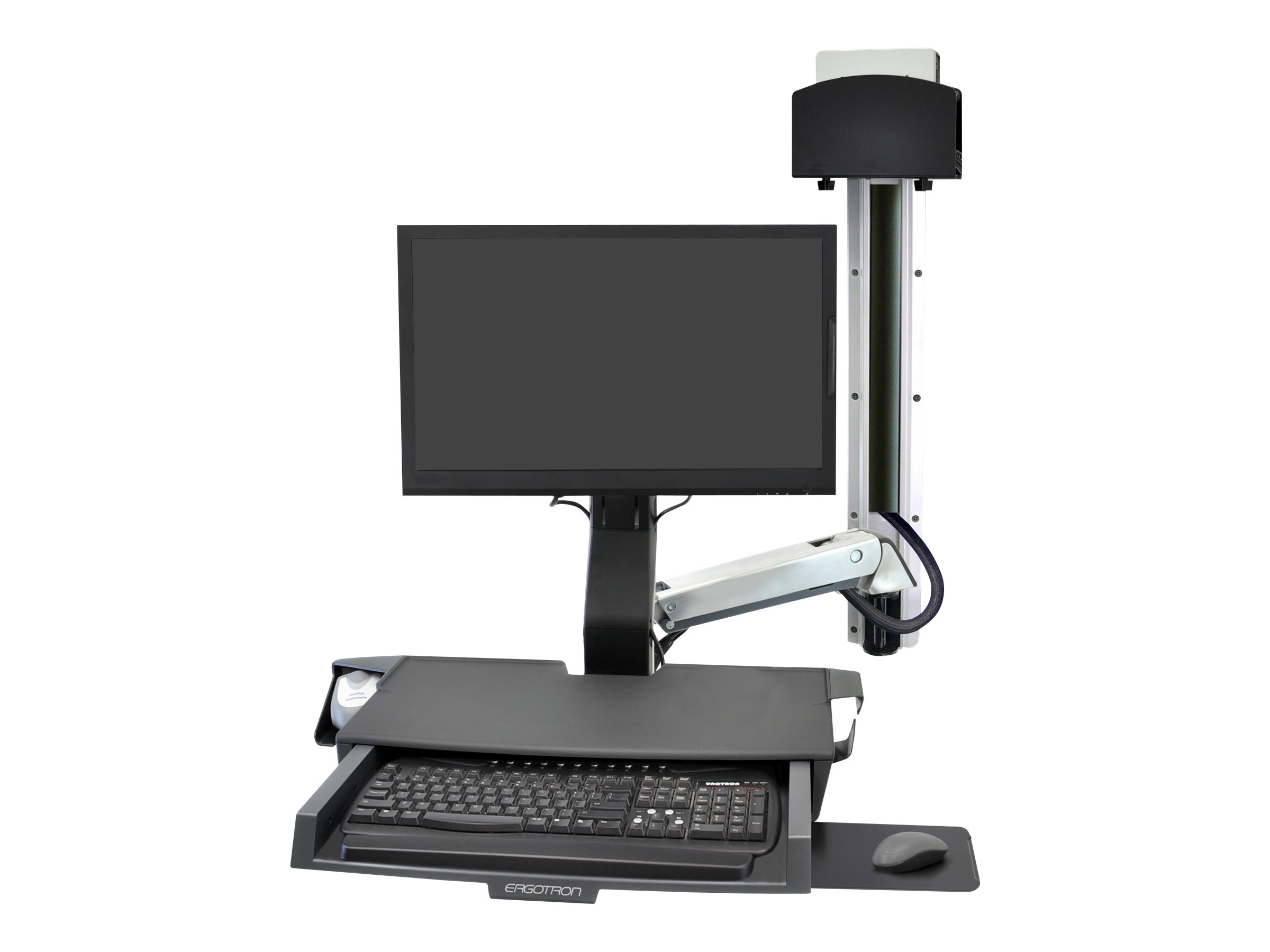 Ergotron SV Combo System with Worksurface & Pan, Small CPU Holder - Befestigungskit (CPU-Halter, Handgelenkkissen, Wandmontagehalterung, Schienenmontage Halterungsset, Mausablage zum Herausziehen, Monitorhalterung, Ablage für Barcode-Scanner und Maus, C