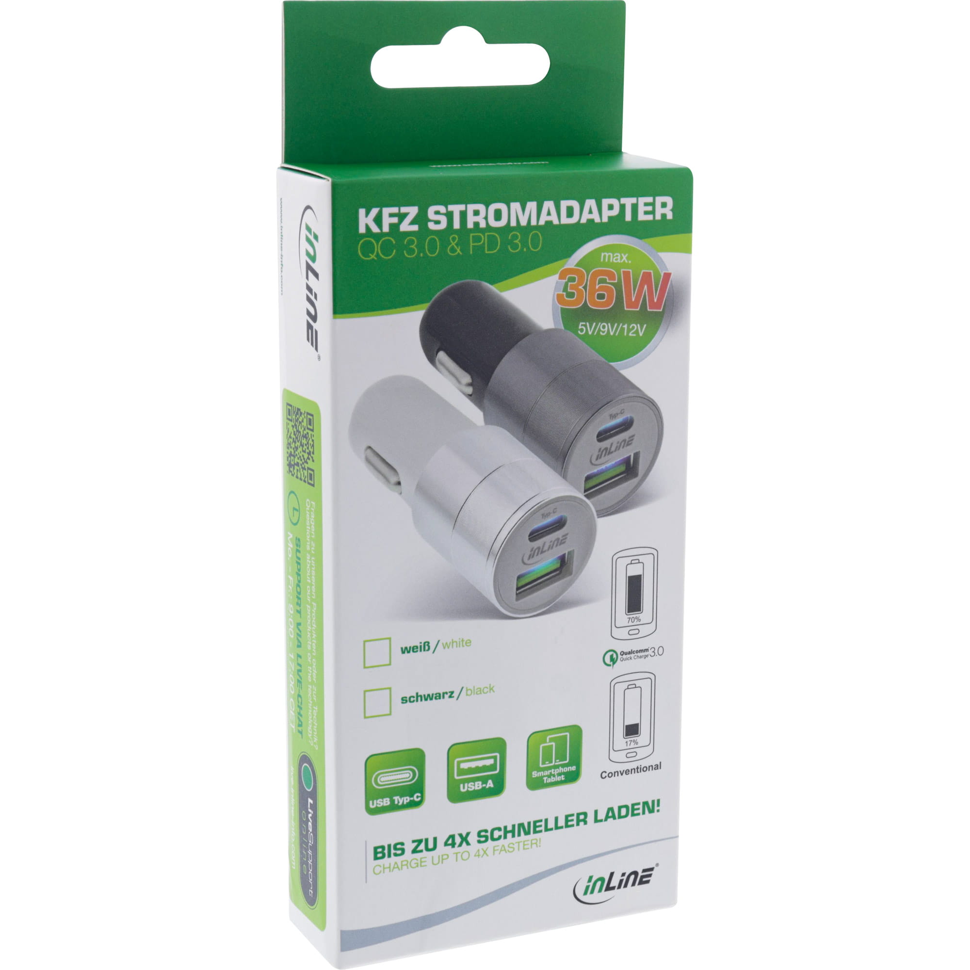 InLine USB KFZ Stromadapter Quick Charge 3.0 - 12/24VDC zu 5V DC/3A - USB-A+USB-C