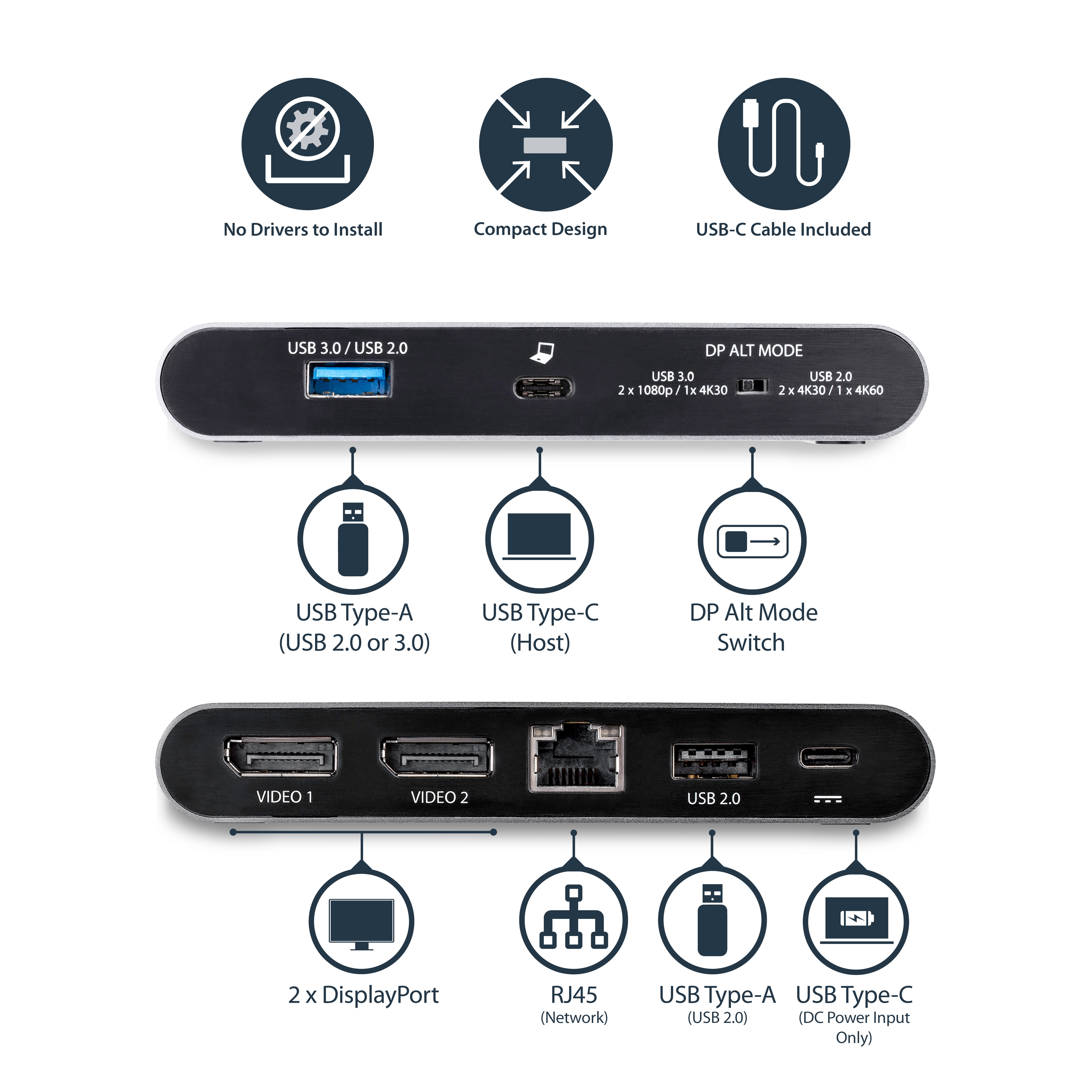 StarTech.com USB C Dock, 4K Dual Monitor DisplayPort, Mini Laptop Docking Station, 100W Power Delivery Passthrough, GbE, 2-Port USB-A Hub, USB Type-C Multiport Adapter 3.3' Cable, Dual DP - Portable USB-C Dock (DK30C2DAGPD)