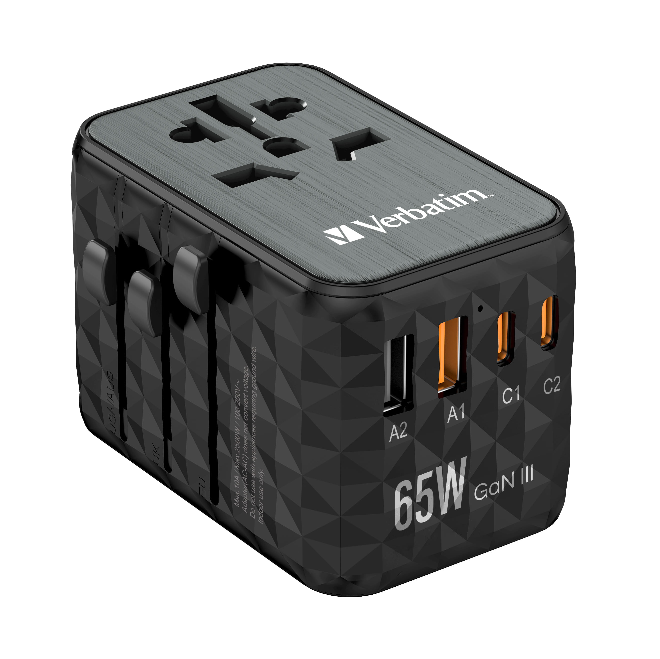 Verbatim UTA-05 - Netzteil - GaN III, Universal - 65 Watt - 5 A - PD 3.0, QC 4+, QC 3.0, Fast Charge, Super Charge, Apple Fast Charge, PD/PPS, BC 1.2 - 4 Ausgabeanschlussstellen (2 x USB-C, 2 x USB)