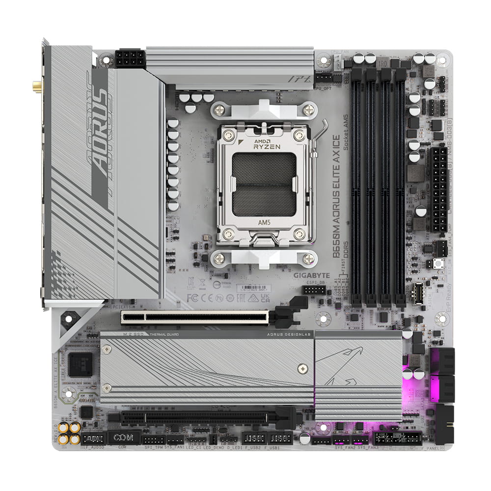 Gigabyte B650M AORUS ELITE AX ICE - Motherboard - micro ATX - Socket AM5 - AMD B650 Chipsatz - USB-C 3.2 Gen2, USB 3.2 Gen 2, USB 3.2 Gen 1, USB-C 3.2 Gen 2x2 - 2.5 Gigabit LAN, Wi-Fi 6E, Bluetooth - Onboard-Grafik (CPU erforderlich)