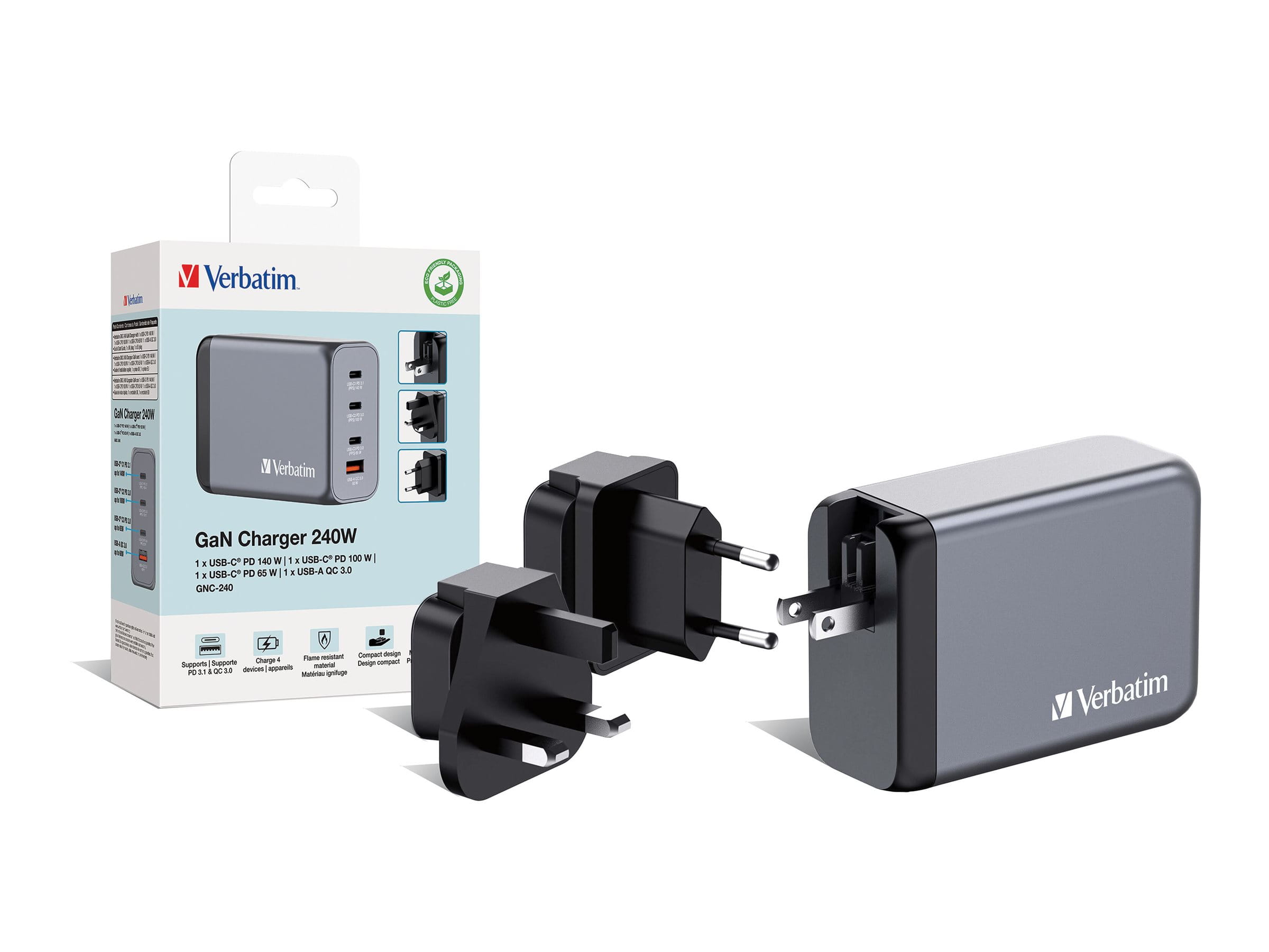 Verbatim Netzteil - GaN - 240 Watt - 5 A - Power Delivery 3.1, QC 3.0, PD 3.0, PD/PPS - 4 Ausgabeanschlussstellen (3 x USB-C, USB Typ A)