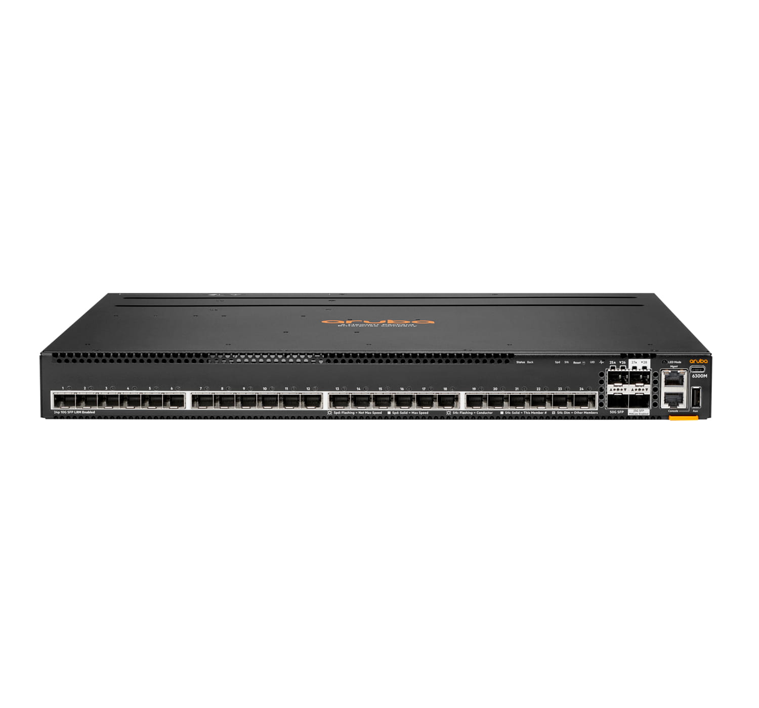 HPE Aruba 6300M 24p SFP+ LRM support and 2p 50G and 2p 25G MACsec Switch - Switch - L3 - managed - 24 x 1 Gigabit / 10 Gigabit SFP+ + 2 x 1 Gigabit / 10 Gigabit / 25 Gigabit / 50 Gigabit SFP56 (Uplink / Stacking)