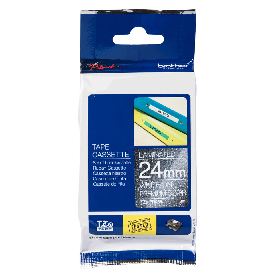 Brother TZe-PR955 - Weißer Druck auf Premium Glitter Silver - Rolle (2,4 cm x 8 m)