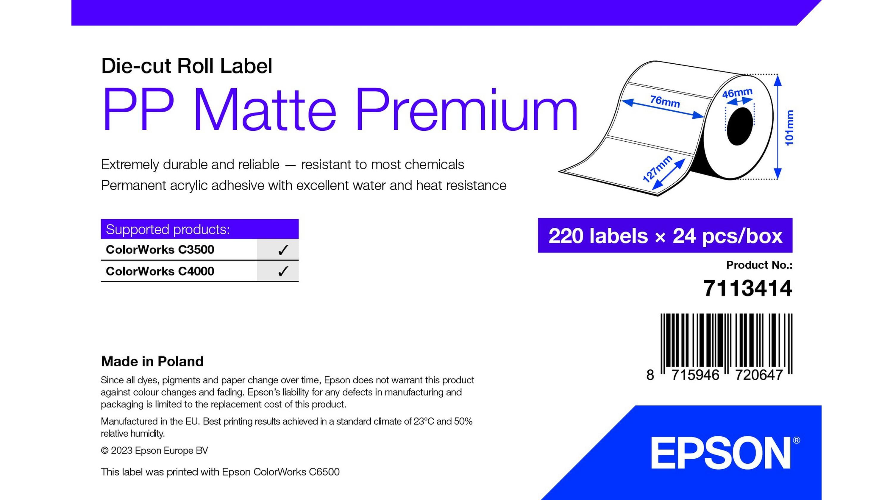Epson Premium - Polypropylen (PP) - matt - permanenter Acrylklebstoff - 76 x 127 mm 5280 Etikett(en) (24 Rolle(n)