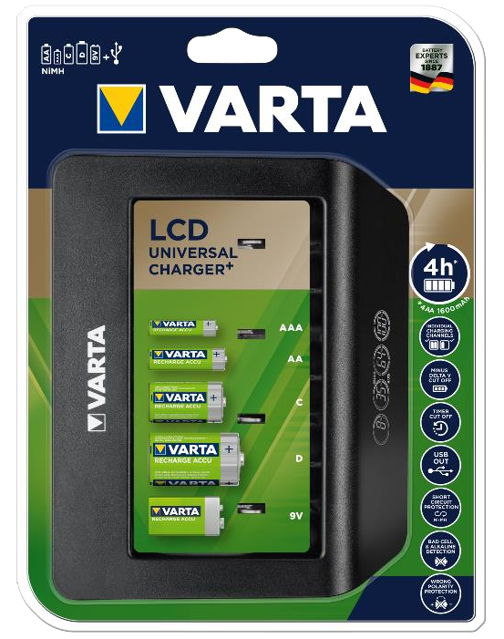 Varta LCD Universal Charger+ - 4 Std. Batterieladegerät - (für 4xAA/4xAAA, 4xD, 4xC, 1x9V)