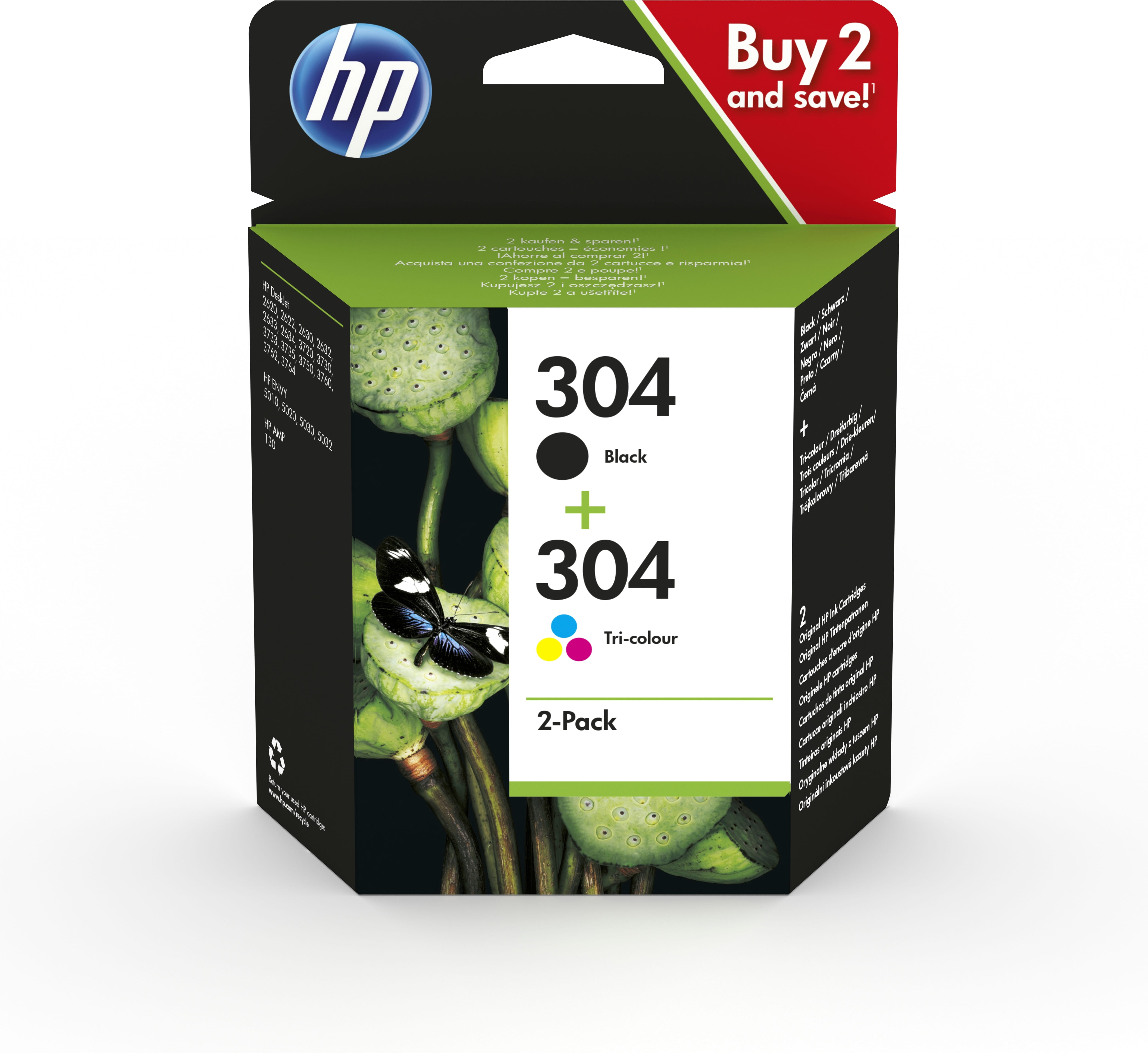 HP 304 - 2er-Pack - Farbe (Cyan, Magenta, Gelb), pigmentiertes Schwarz