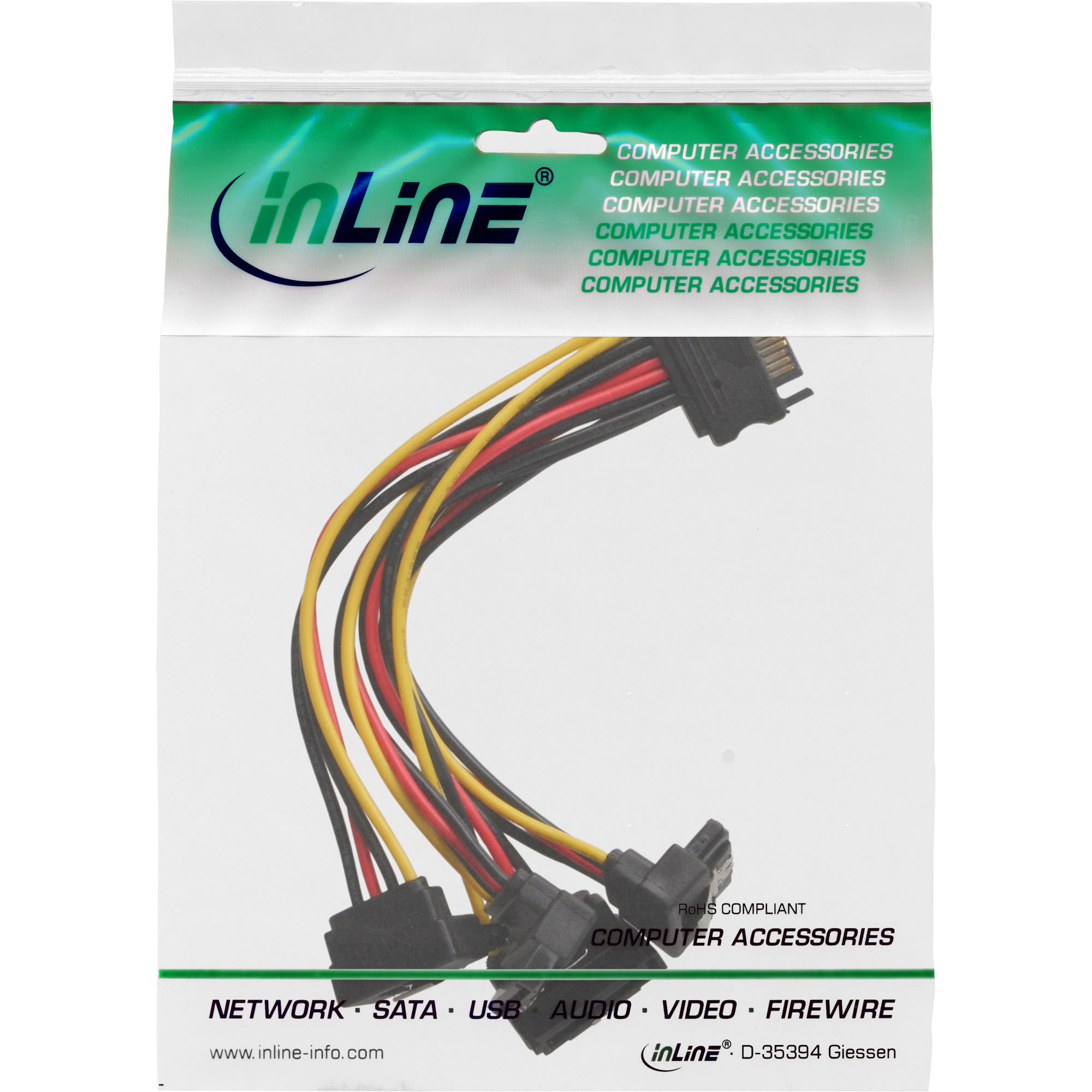 InLine SATA Strom-Y-Kabel - SATA BU/4x SATA ST gew. - m. Laschen - 0,15m