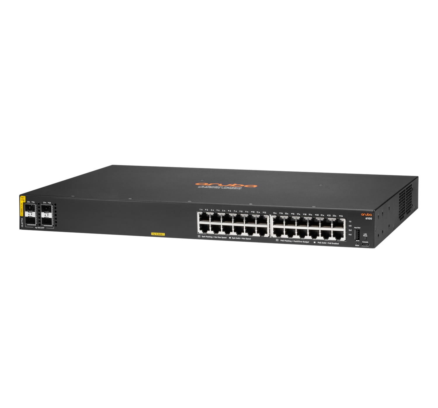 HPE Aruba 6100 24G Class4 PoE 4SFP+ - Switch - managed - 24 x 10/100/1000 + 4 x 1 Gigabit / 10 Gigabit SFP+ - Seite-zu-Seite-Luftstrom - an Rack montierbar - PoE+ (370 W)