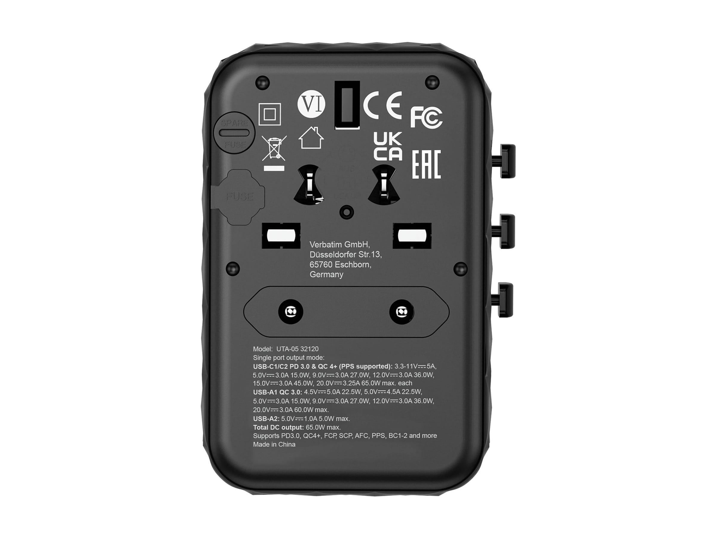 Verbatim UTA-05 - Netzteil - GaN III, Universal - 65 Watt - 5 A - PD 3.0, QC 4+, QC 3.0, Fast Charge, Super Charge, Apple Fast Charge, PD/PPS, BC 1.2 - 4 Ausgabeanschlussstellen (2 x USB-C, 2 x USB)