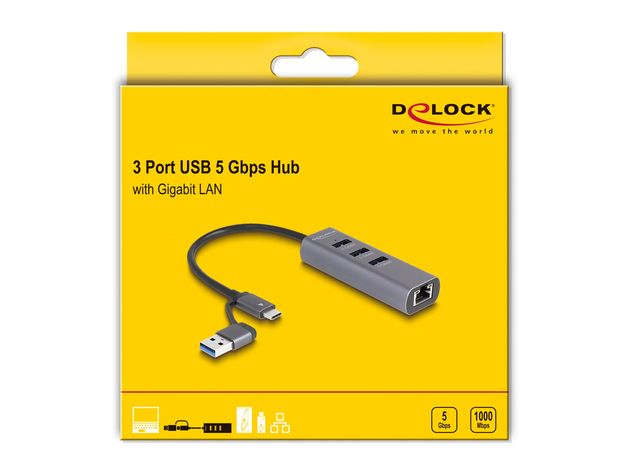 Delock Hub - 5 Gbps, with USB Type-C or USB Type-A connector, in metal case