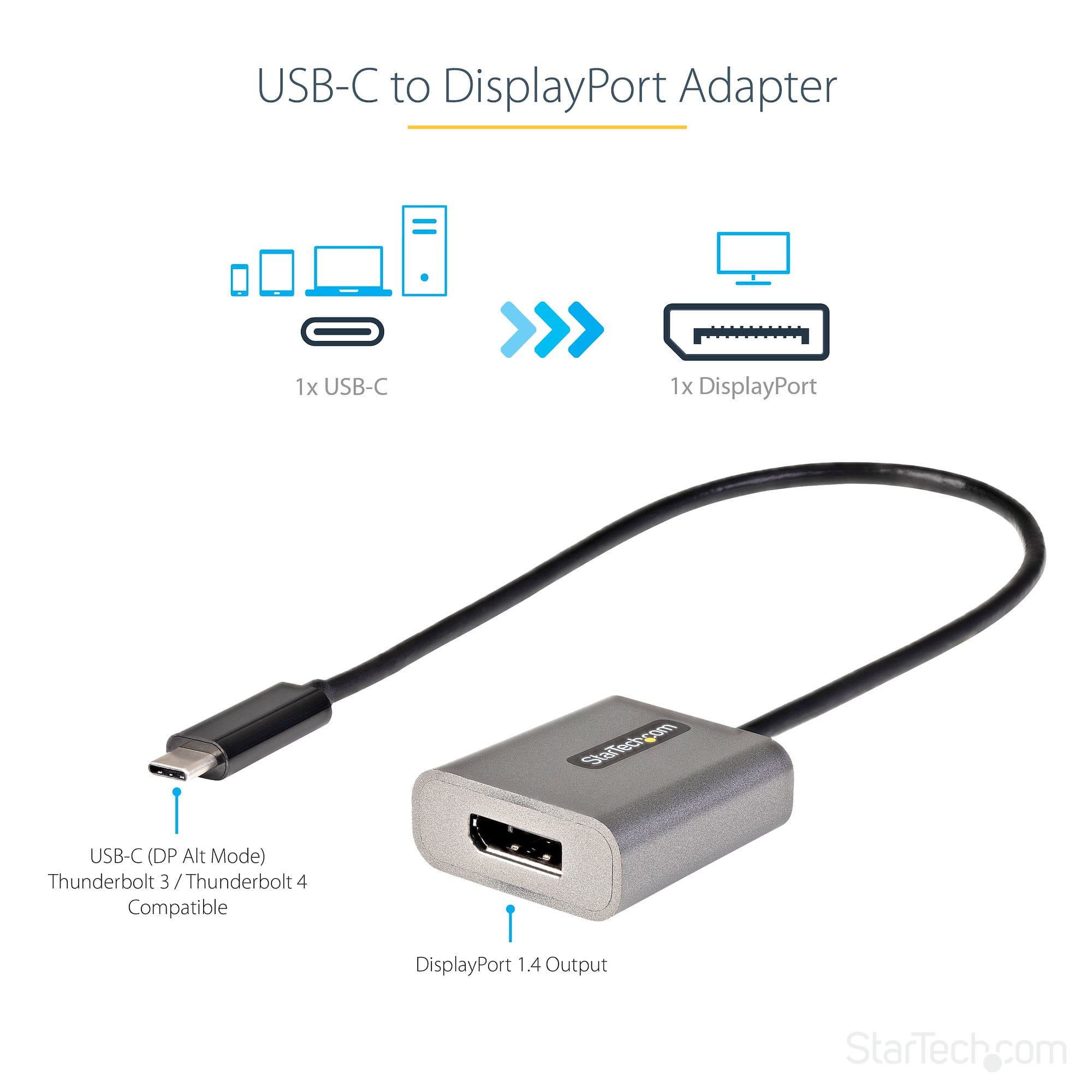 StarTech.com USB-C auf DisplayPort Adapter - 8K/4K 60Hz USB-C zu DisplayPort 1.4-Adapter Dongle - USB-Type-C auf DP Monitor Videokonverter - Funktioniert mit Thunderbolt 3 - 30cm Kabel (CDP2DPEC)