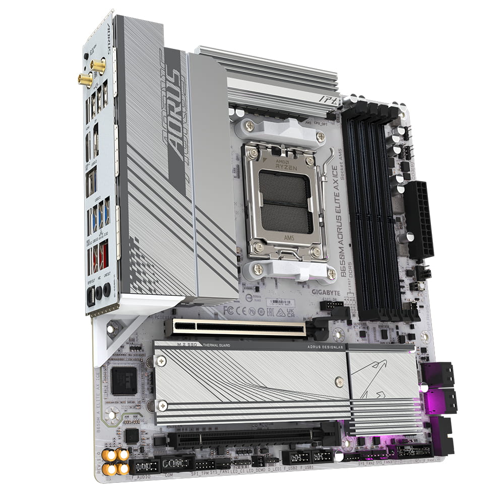 Gigabyte B650M AORUS ELITE AX ICE - Motherboard - micro ATX - Socket AM5 - AMD B650 Chipsatz - USB-C 3.2 Gen2, USB 3.2 Gen 2, USB 3.2 Gen 1, USB-C 3.2 Gen 2x2 - 2.5 Gigabit LAN, Wi-Fi 6E, Bluetooth - Onboard-Grafik (CPU erforderlich)
