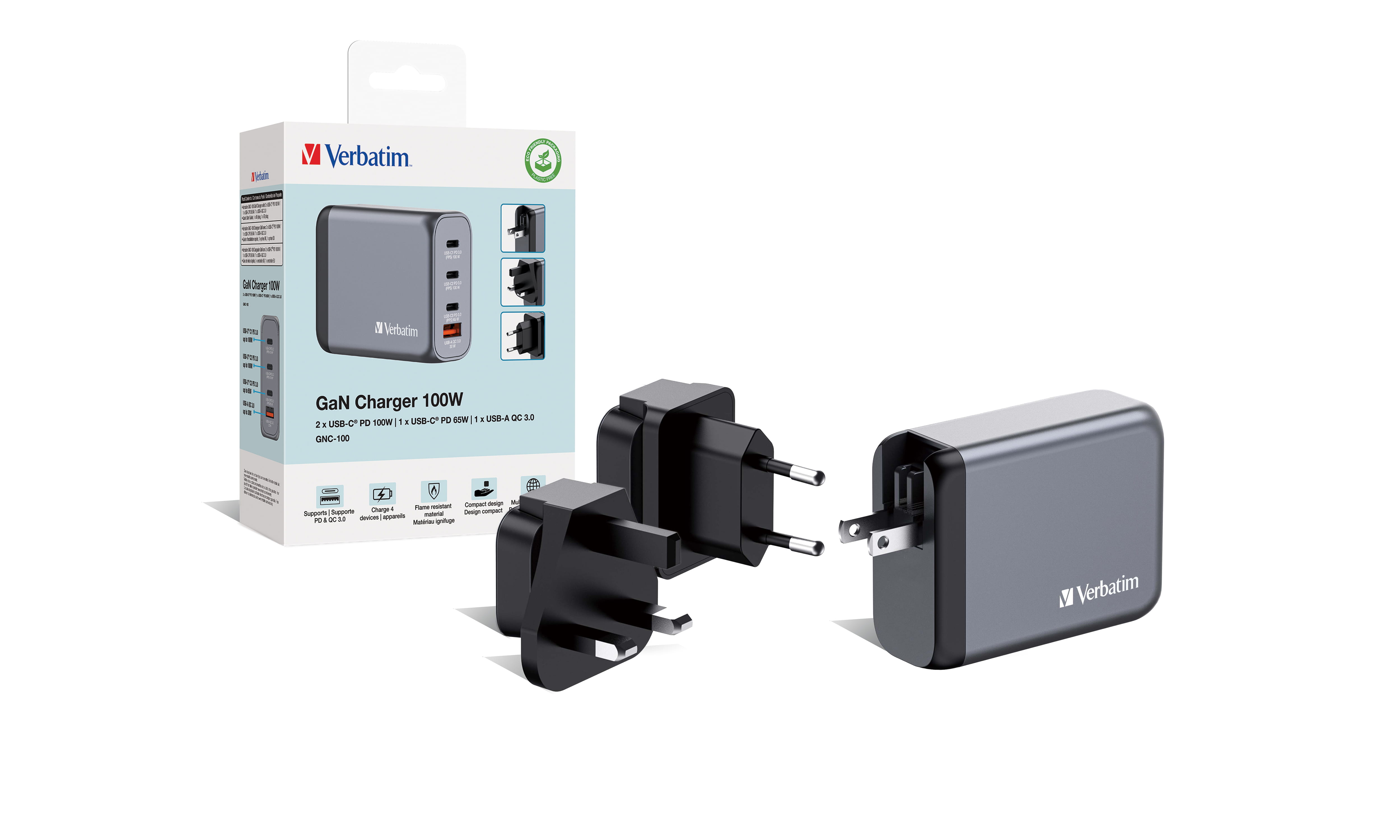 Verbatim Netzteil - GaN - 100 Watt - 5 A - PD 3.0, QC 3.0, PD/PPS - 4 Ausgabeanschlussstellen (USB, 3 x USB-C)