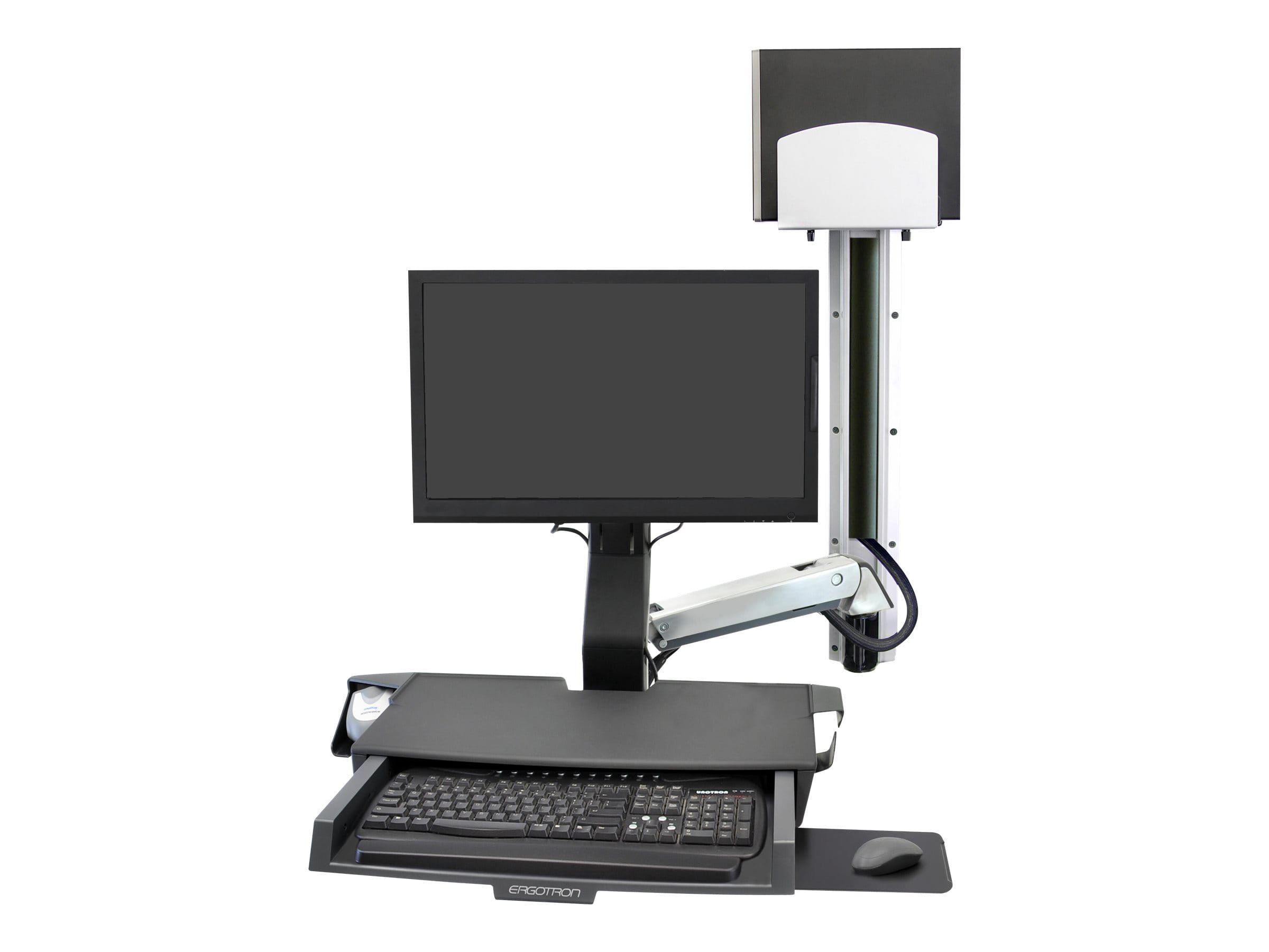 Ergotron SV Combo System with Worksurface & Pan, Medium CPU Holder - Befestigungskit (CPU-Halter, Handgelenkkissen, Wandmontagehalterung, Schienenmontage Halterungsset, Mausablage zum Herausziehen, Monitorhalterung, Ablage für Barcode-Scanner und Maus, 