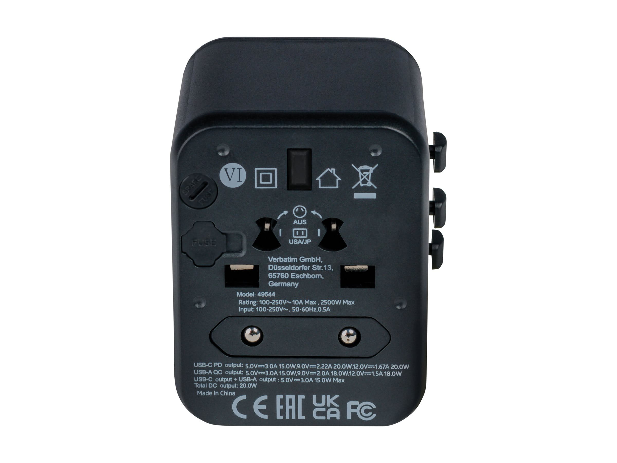 Verbatim UTA-02 - Netzteil - 20 Watt - 3 A - QC 3.0 - 3 Ausgabeanschlussstellen (USB, BS 1362, 24 pin USB-C)