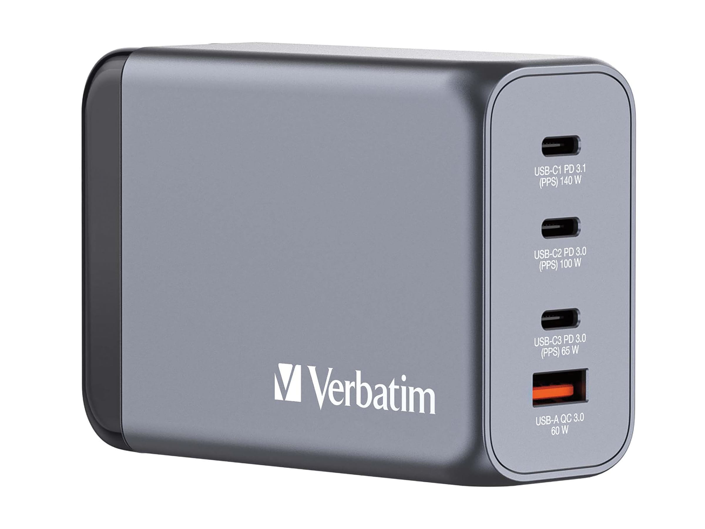 Verbatim Netzteil - GaN - 240 Watt - 5 A - Power Delivery 3.1, QC 3.0, PD 3.0, PD/PPS - 4 Ausgabeanschlussstellen (3 x USB-C, USB Typ A)