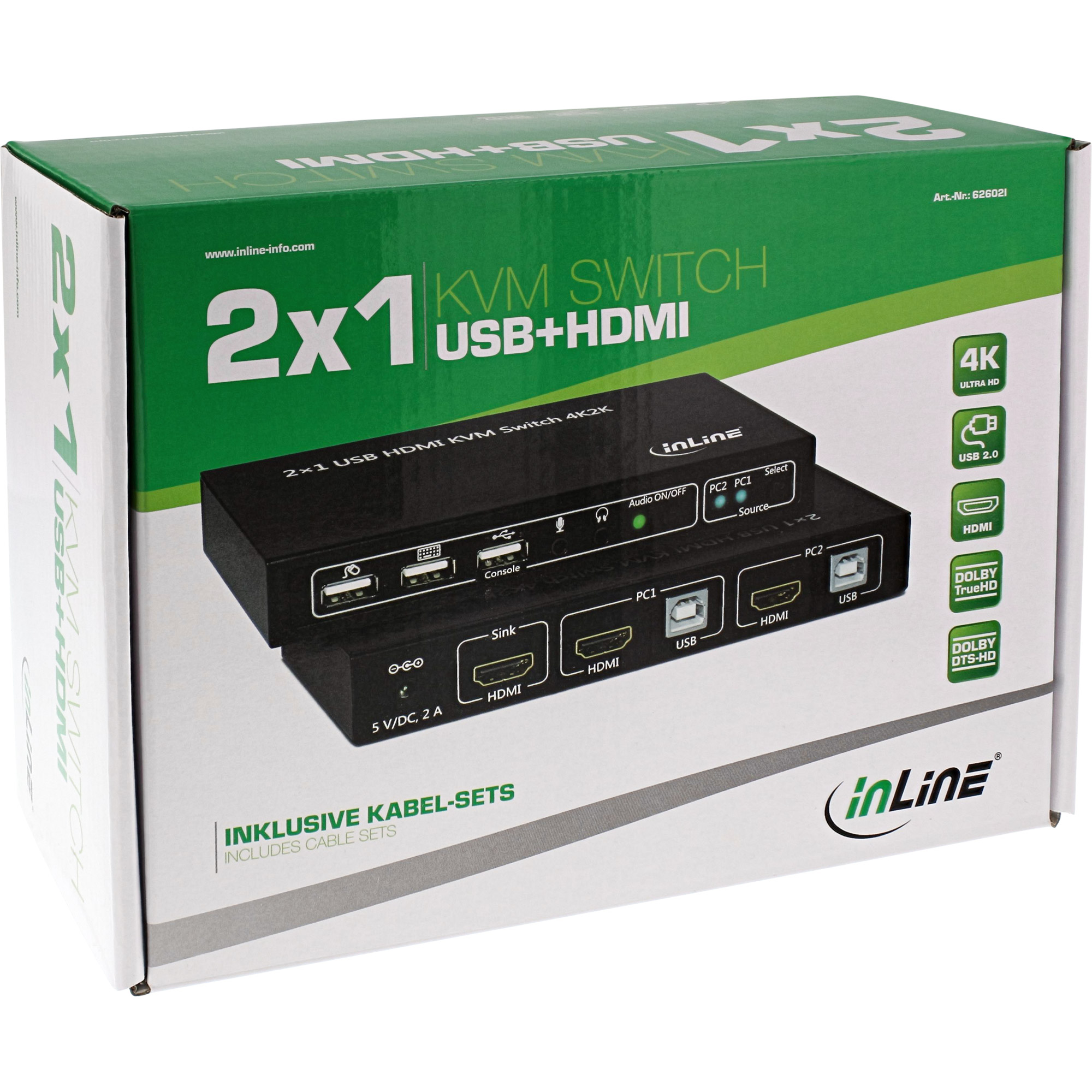 InLine KVM Desktop Switch - 2-fach - HDMI 4K2K - USB 2.0 Hub - mit Audio