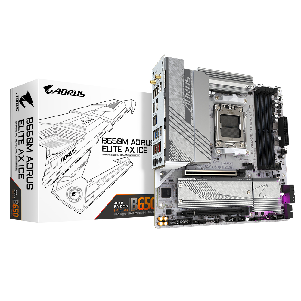 Gigabyte B650M AORUS ELITE AX ICE - Motherboard - micro ATX - Socket AM5 - AMD B650 Chipsatz - USB-C 3.2 Gen2, USB 3.2 Gen 2, USB 3.2 Gen 1, USB-C 3.2 Gen 2x2 - 2.5 Gigabit LAN, Wi-Fi 6E, Bluetooth - Onboard-Grafik (CPU erforderlich)