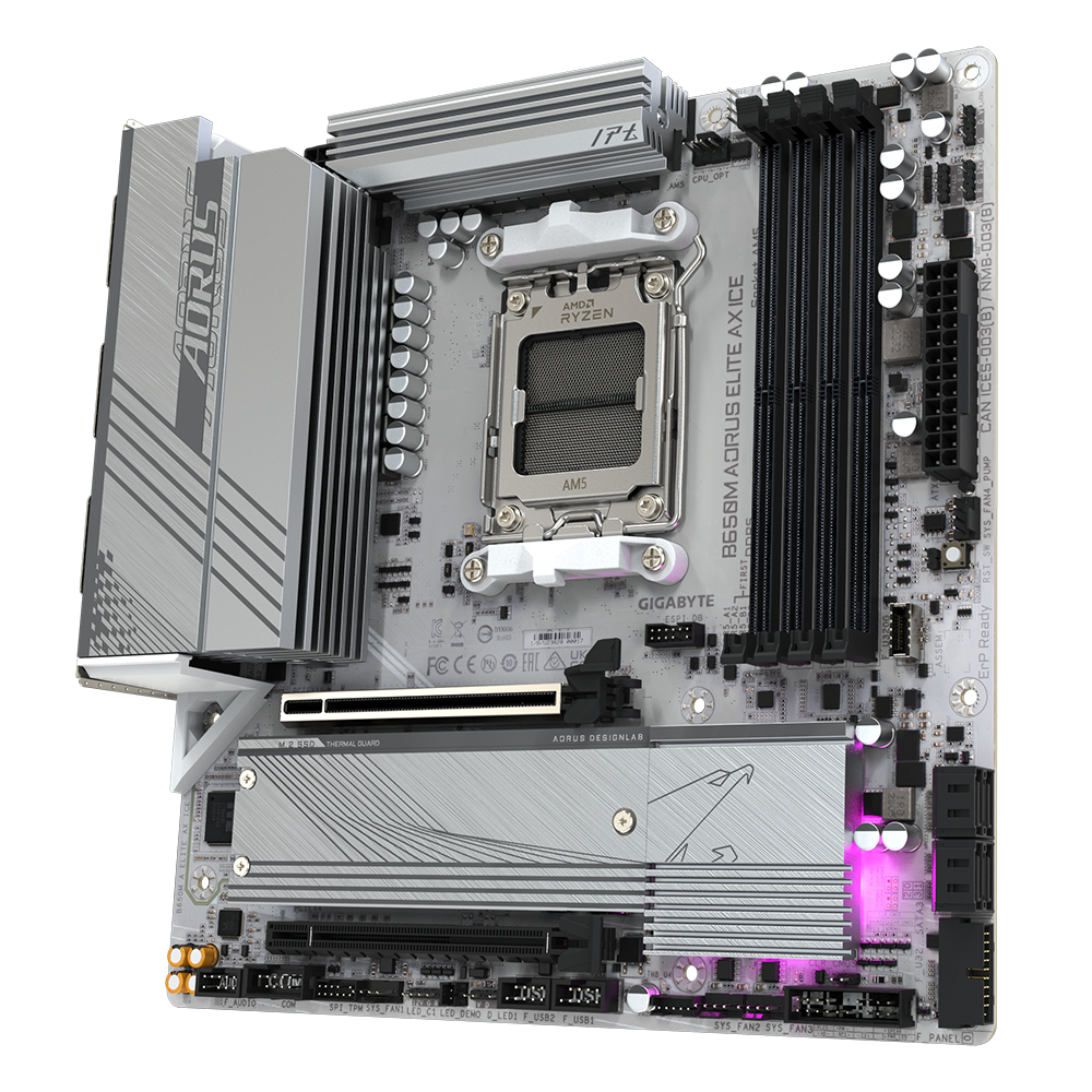 Gigabyte B650M AORUS ELITE AX ICE - Motherboard - micro ATX - Socket AM5 - AMD B650 Chipsatz - USB-C 3.2 Gen2, USB 3.2 Gen 2, USB 3.2 Gen 1, USB-C 3.2 Gen 2x2 - 2.5 Gigabit LAN, Wi-Fi 6E, Bluetooth - Onboard-Grafik (CPU erforderlich)