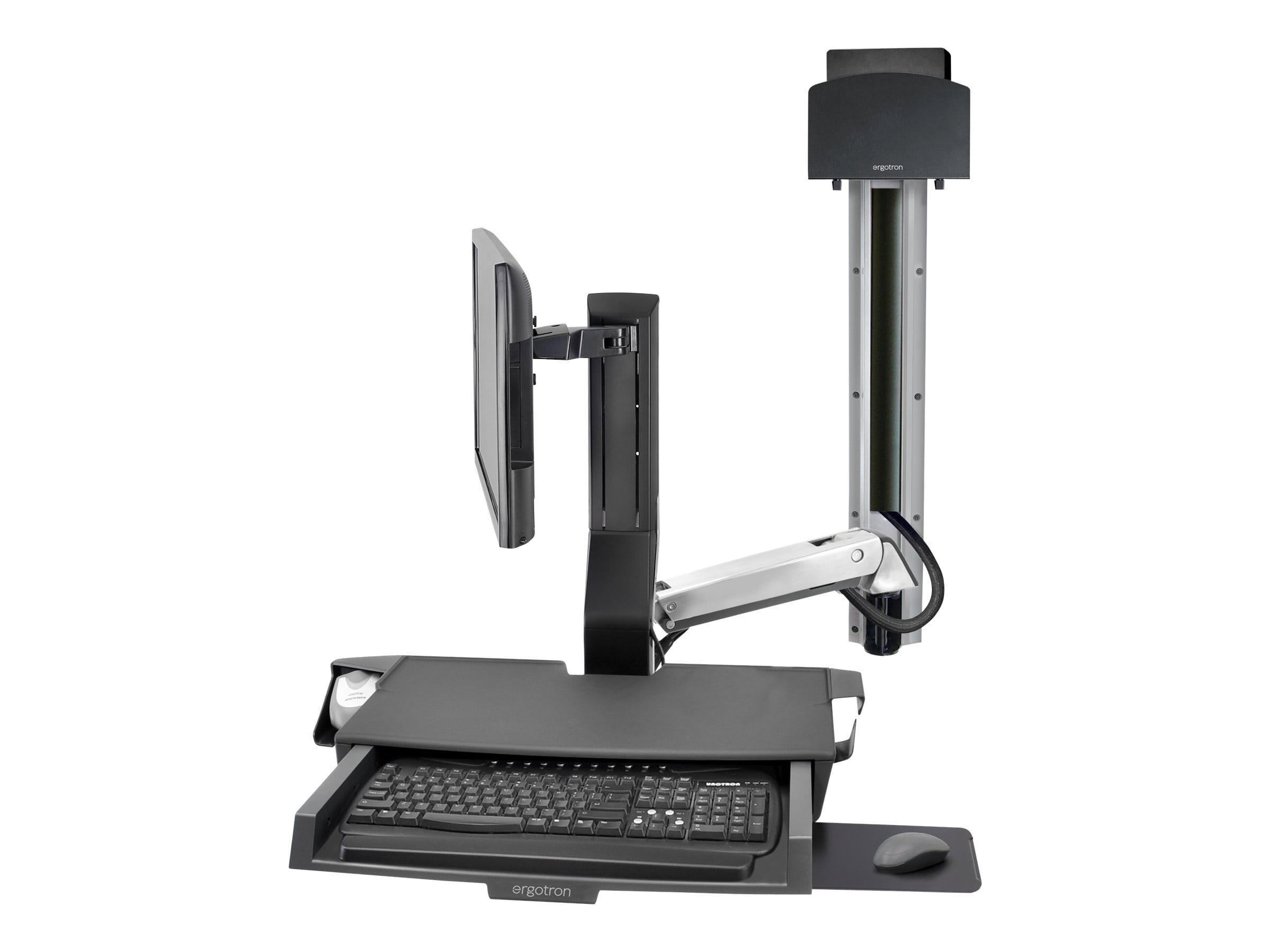 Ergotron SV Combo System with Worksurface & Pan, Small CPU Holder - Befestigungskit (CPU-Halter, Handgelenkkissen, Wandmontagehalterung, Schienenmontage Halterungsset, Mausablage zum Herausziehen, Monitorhalterung, Ablage für Barcode-Scanner und Maus, C