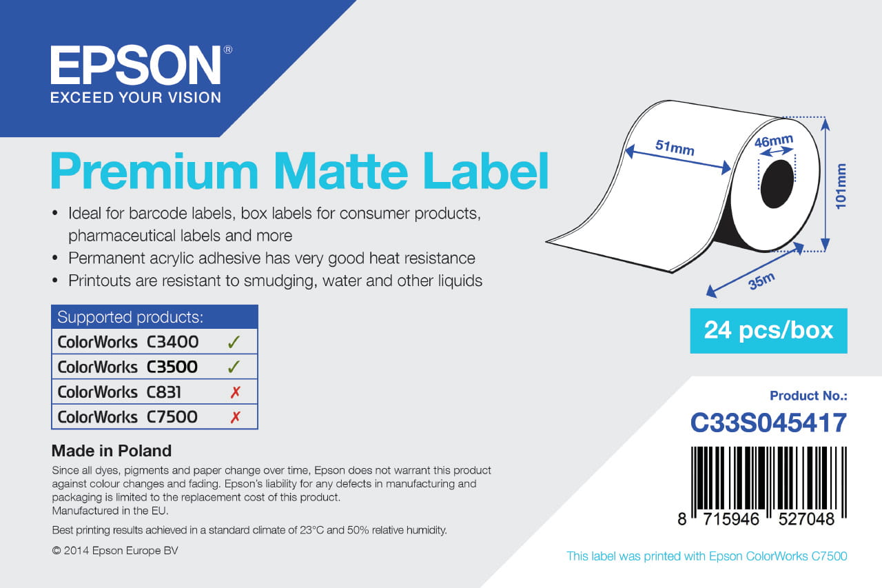Epson Premium - Matt - Rolle (5,1 cm x 35 m) 1 Rolle(n) Etiketten-Endlospapier - für Epson TM-C3400-LT; ColorWorks CW-C4000E (BK)
