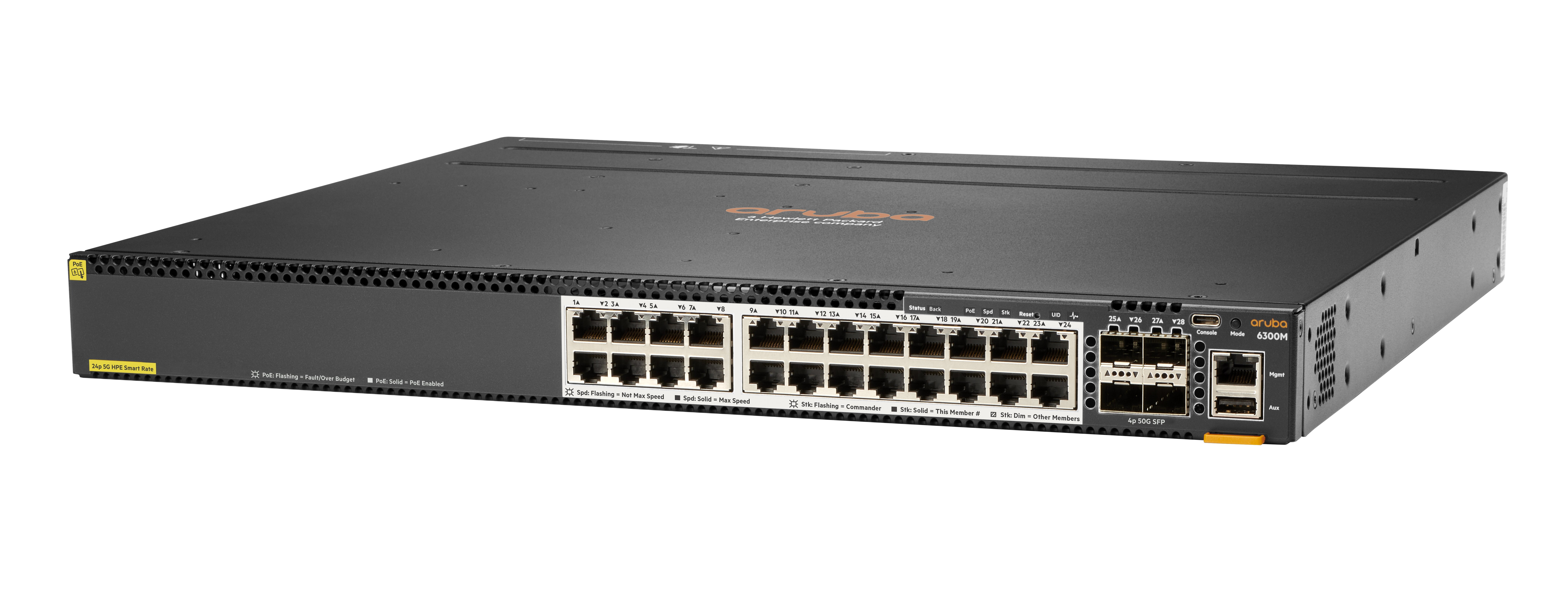 HPE Aruba 6300M - Switch - L3 - managed - 24 x 1/2.5/5/10GBase-T + 4 x 1 Gigabit / 10 Gigabit / 25 Gigabit / 50 Gigabit SFP56 (Uplink / Stacking) HPE Aruba 6300M - Switch - L3 - managed - 24 x 1/2.5/5/10GBase-T + 4 x 1 Gigabit / 10 Gigabit / 25 Gigabit / 50 Gigabit SFP56 (Uplink / Stacking)