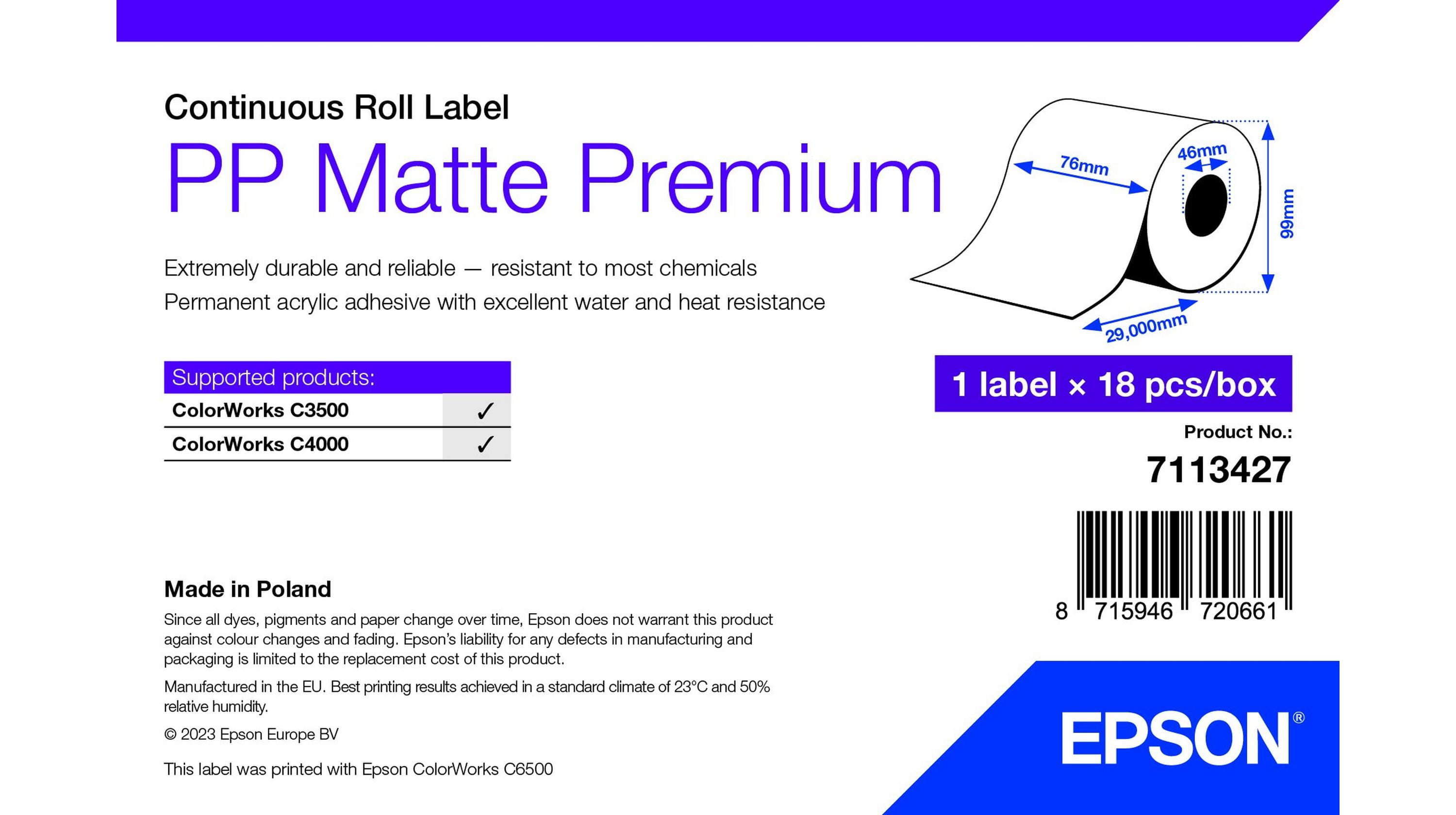 Epson Premium - Polypropylen (PP) - matt - permanenter Acrylklebstoff - Rolle (7,6 cm x 29 m)