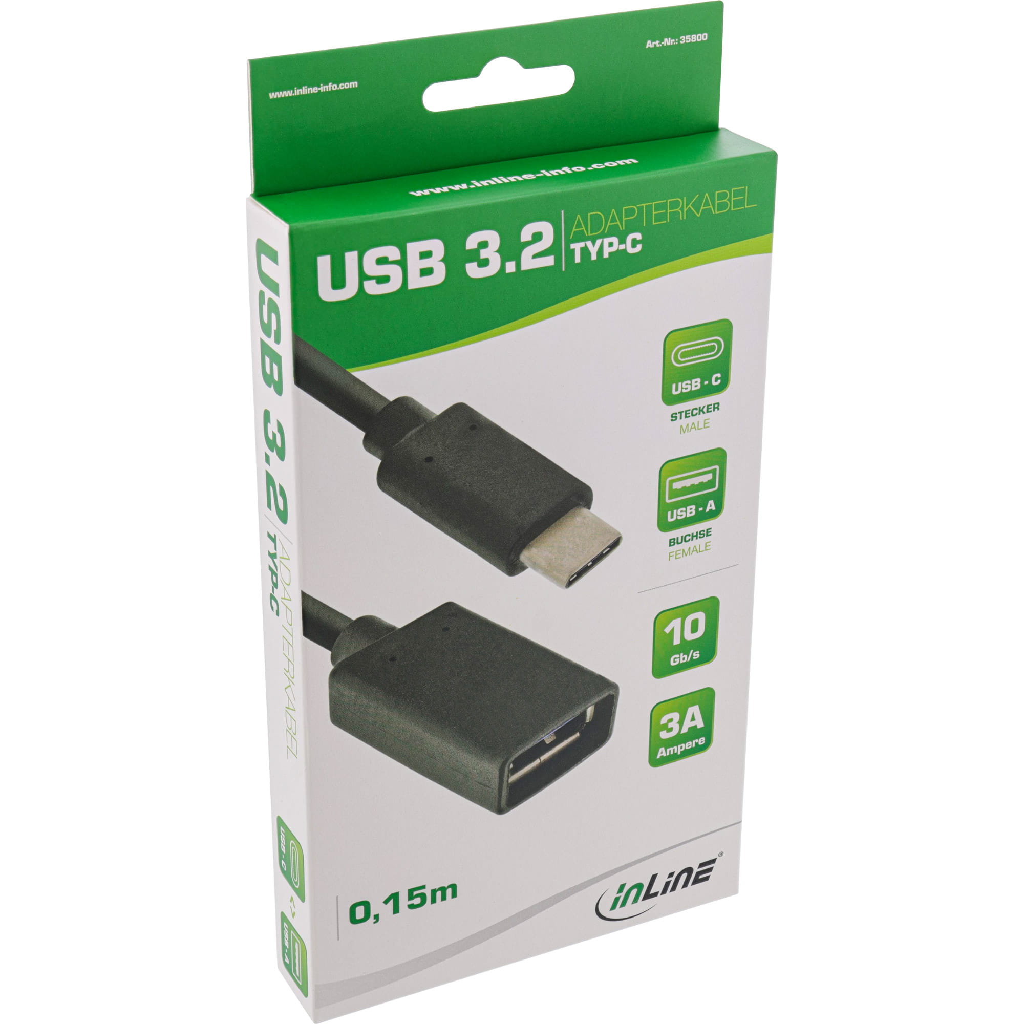 InLine USB 3.2 Gen.1x2 Adapterkabel - USB-C Stecker an A Buchse - 0,15m